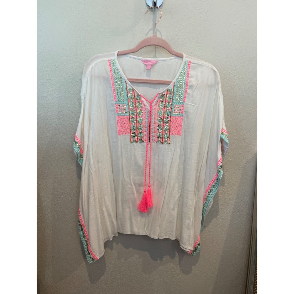 Lilly Pulitzer White Embroidered Sequin Kaftan Top Tassel Neon Pink XXS XS XL